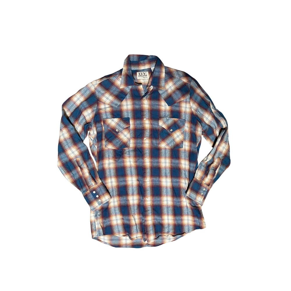 Ely Cattleman Mens Blue Orange Plaid Western Pearl Snap Flannel Shirt Medium